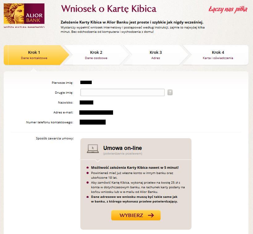 KROK 9 Po potwierdzeniu danych, zostaniesz przekierowany na stronę Alior Banku z wnioskiem o wydanie Karty Kibica.