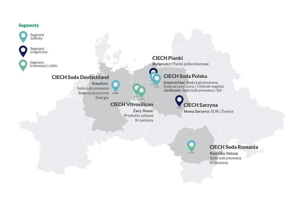 RYSUNEK 2: ZAKŁADY PRODUKCYJNE GRUPY CIECH Grupa CIECH jest wyłącznym lub dominującym eksporterem w zakresie: Sody kalcynowanej produkowanej w Polsce (ok.