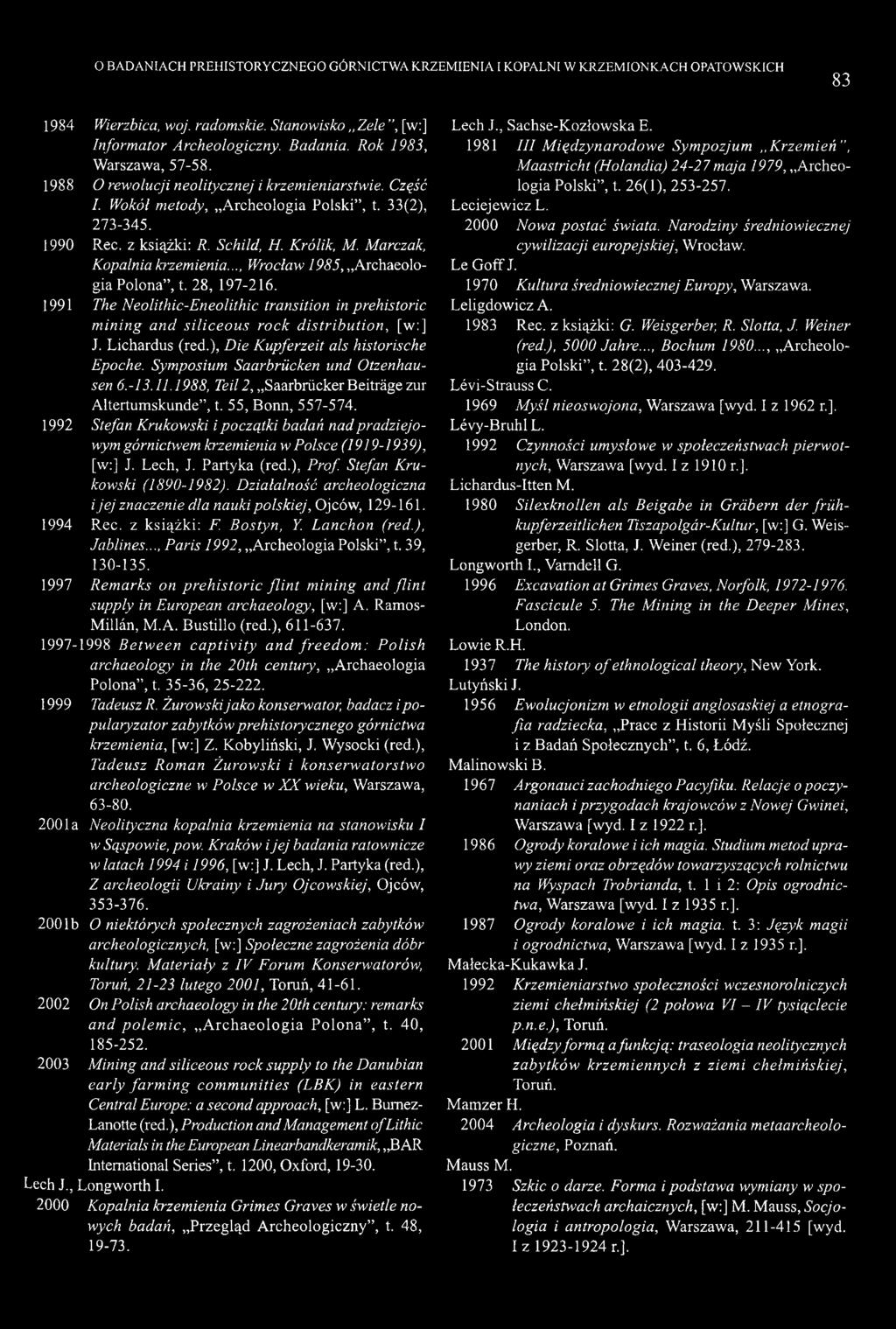 O BADANIACH PREHISTORYCZNEGO GÓRNICTWA KRZEMIENIA I KOPALNI W KRZEMIONKACH OPATOWSKICH 83 1984 Wierzbica, woj. radomskie. Stanowisko Zele, [w:] Informator Archeologiczny. Badania.
