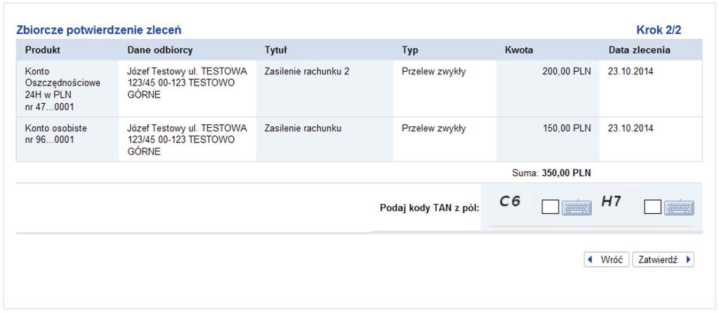 Podanie Hasła SMS (Kodów TAN) wymagane jest każdorazowo, gdy w paczce zleceń znajduje się przynajmniej jedno zlecenie wymagające autoryzacji.