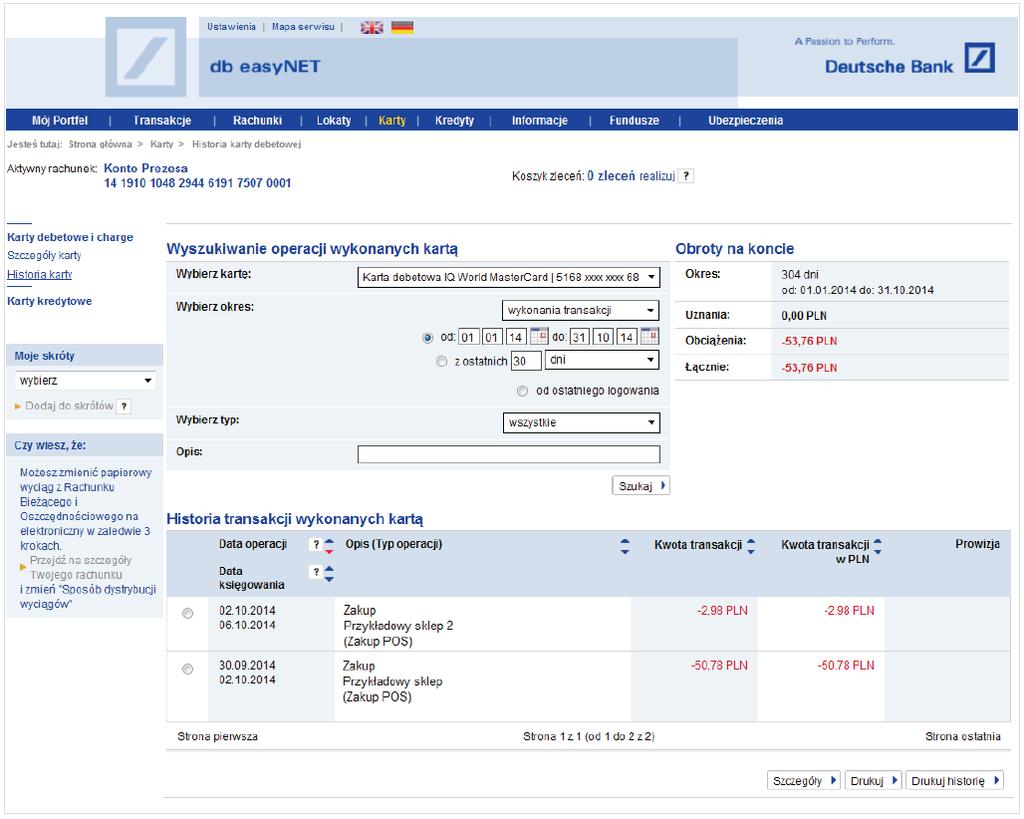 W opcji Wyszukiwanie operacji wykonanych kartą, w sekcji Historia karty, możesz wskazać okres, za jaki ma zostać zaprezentowana historia operacji dla wskazanej karty (Bank zapewnia dostęp do historii