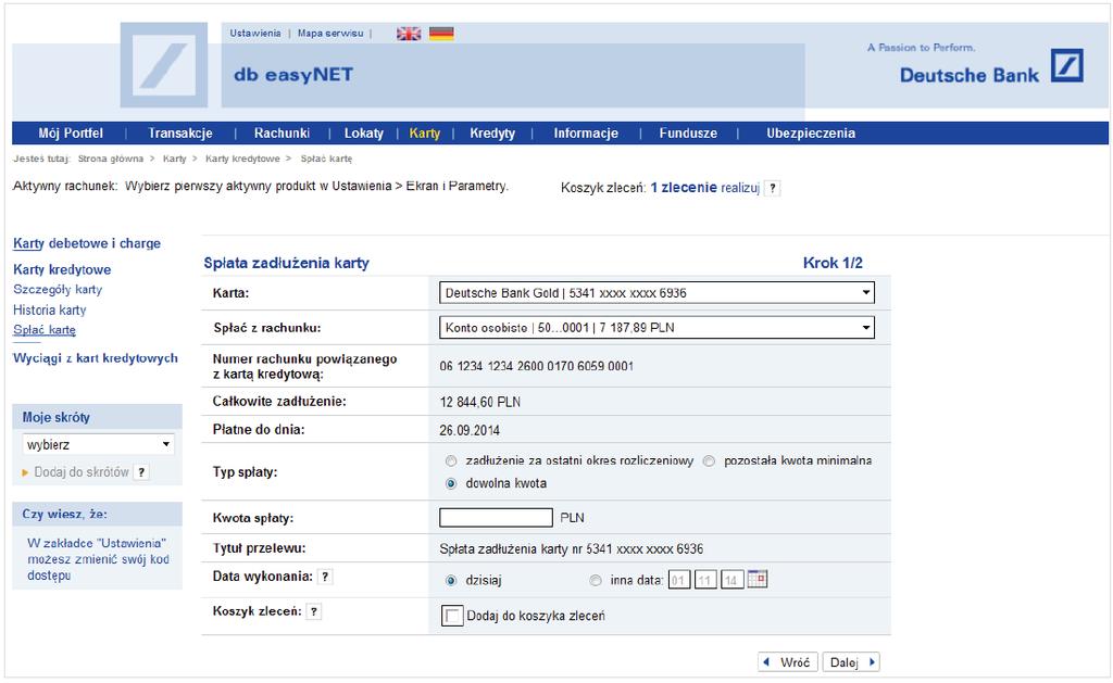 Dodatkowo na formatce prezentowane są następujące pozycje: Numer rachunku powiązanego z kartą kredytową numer NRB rachunku karty kredytowej.