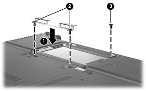 3. Przechyl dysk twardy w dół, aż zostanie mocno osadzony na swoim miejscu (2). 4. Włóż na miejsce wspornik dysku twardego (1). 5. Włóż na miejsce śruby wspornika dysku twardego (2).