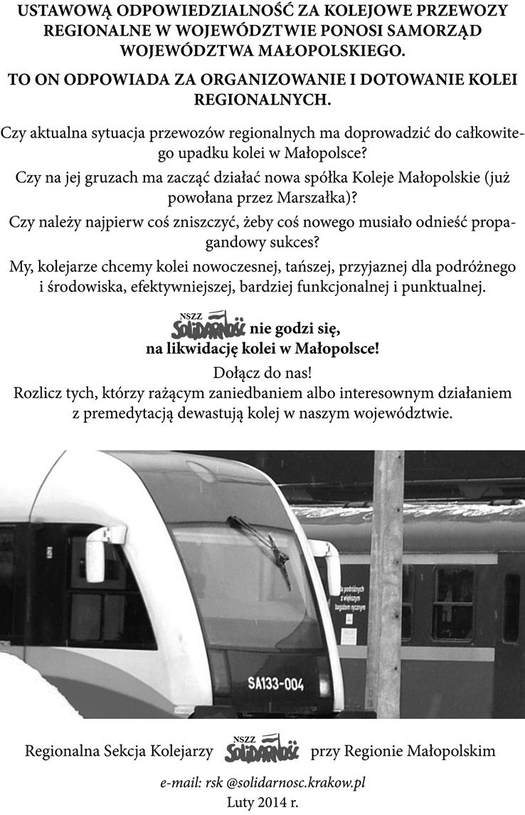Uczestnicy protestu (od lewej strony): H. Sikora (RSK), I. Dynowski (MOPR), E. Baczewska (TK Telekom), W. Gołda (Cargo), B. Adamczyk (ZLK Kraków), J. Krawczyk (OGN Kraków), S.