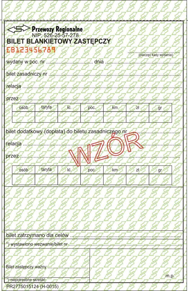 Wzór nr 4 do 7 H-0015 do wystawiania biletów blankietowych zastępczych