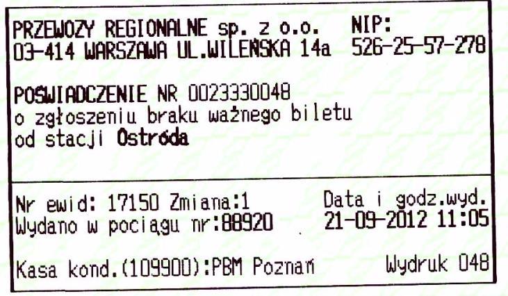 Wzór nr 10 do 7 H-0032 poświadczenie o zgłoszeniu braku ważnego biletu (wypełniane pismem odręcznym).