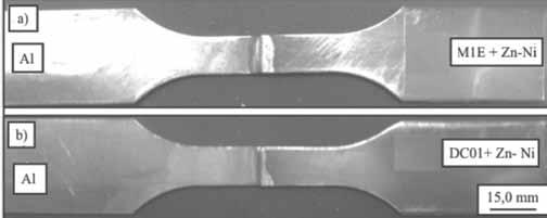 ys. 10. Przykładowe próbki do statycznej próby ścinania: Al M1E + Zn-ni (a) i Al DC01 + Znni (b) [4] ig. 10. Examples of samples to the static shear test: Al M1E + Zn-ni (a) and Al DC01 + Znni (b) [4] ys.