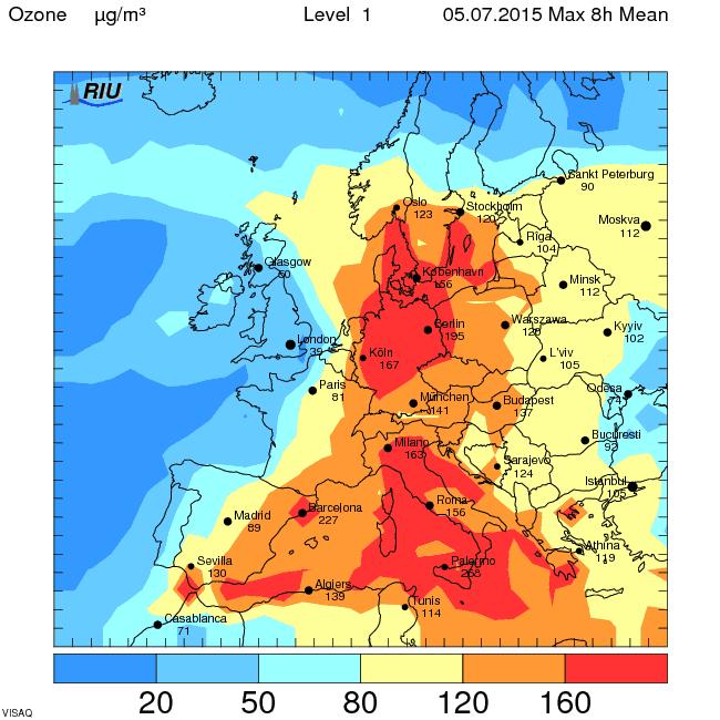 Rys. 4.2-11. Prognoza dobowych stężeń maksymalnych 8-godz. ozonu w Europie na dzień 5.07.2015 r. Źródło: http://www.uni-koeln.de/math-nat-fak/geomet/eurad/index_e.