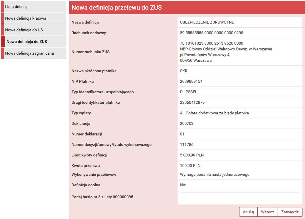 11.3 Wykonywanie przelewu na podstawie definicji 101 Rysunek 11.18: Nowa definicja przelewu do ZUS - podsumowanie 11.3 Wykonywanie przelewu na podstawie definicji 11.3.1 Definicja krajowa Wykonywanie przelewu na podstawie definicji rozpoczynamy od wyświetlenia Listy definicji (opcja dostępna w menu bocznym modułu Definicje).