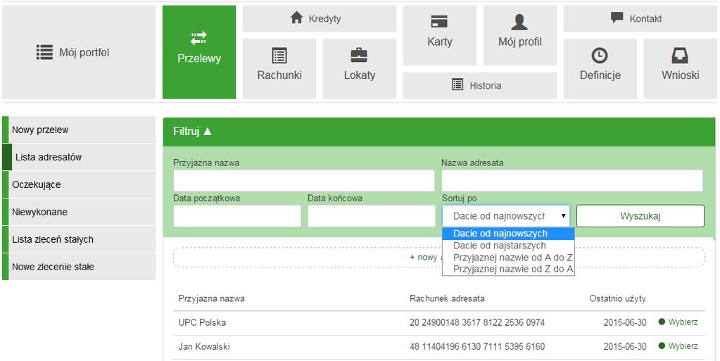 4.2 Lista adresatów 37 Ostatnio użyty data ostatniego użycia adresata w przelewie, definicji lub zleceniu stałym, linki do operacji edycji i usuwania adresata.