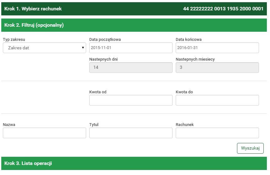 42 Przelewy Rysunek 4.37: Operacje oczekujące filtr rachunku (IBAN) data operacji jest to data, kiedy przelew miał się zrealizować. Kwota Kwota, na jaką miał być realizowany dany przelew.