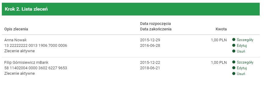 4.5 Lista zleceń stałych 45 status zlecenia aktywne/nieaktywne Data rozpoczęcia data rozpoczęcia obowiązywania zlecenia Data zakończenia data zakończenia obowiązywania zlecenia Kwota kwota zlecenia