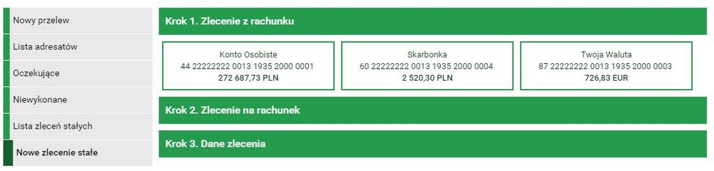 48 Przelewy Rysunek 4.45: Nowe zlecenie stałe krok 1 Wybranie rachunku automatycznie przenosi użytkownika do kroku drugiego, o nazwie Zlecenie na rachunek (rys. 4.46).