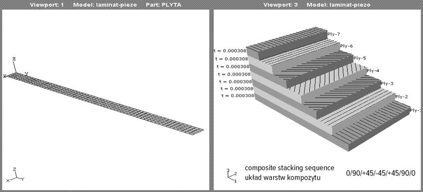 Figure 3: cheat baanej belki kopozytowej Kopozyt belki zeiniowano jako typ Laina, który uożliwia owzorowanie poszczególnych warstw lainatu jako ateriał ortotropowy w płaski stanie naprężenia.