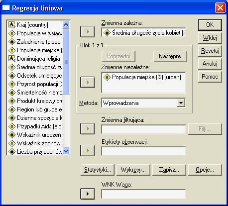 REGRESJ PROST Używamy opcji: NLIZ / REGRESJ / LINIOW dla przewidywania zależności średniej długości trwania życia kobiet