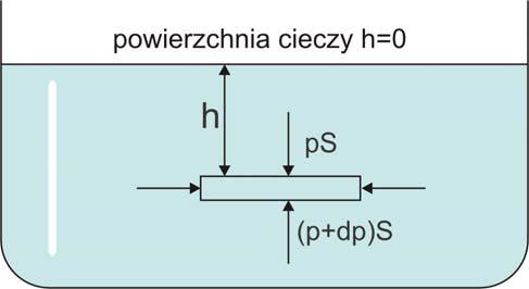 Moduł IV Statyka i dynamika płynów Rys. 14.. Siły działające na element cieczy znajdujący się na głębokości h Zachowanie równowagi w kierunku pionowym wymaga aby a stąd ( p + d p) S = ps + ρ gsd h (14.