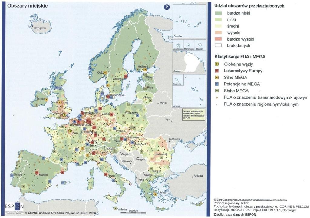 Rysunek 3. Klasyfikacja ośrodków miejskich w Unii Europejskiej wg klasyfikacji ESPON. Źródło: Koncepcja Przestrzennego Zagospodarowania Kraju 2030.