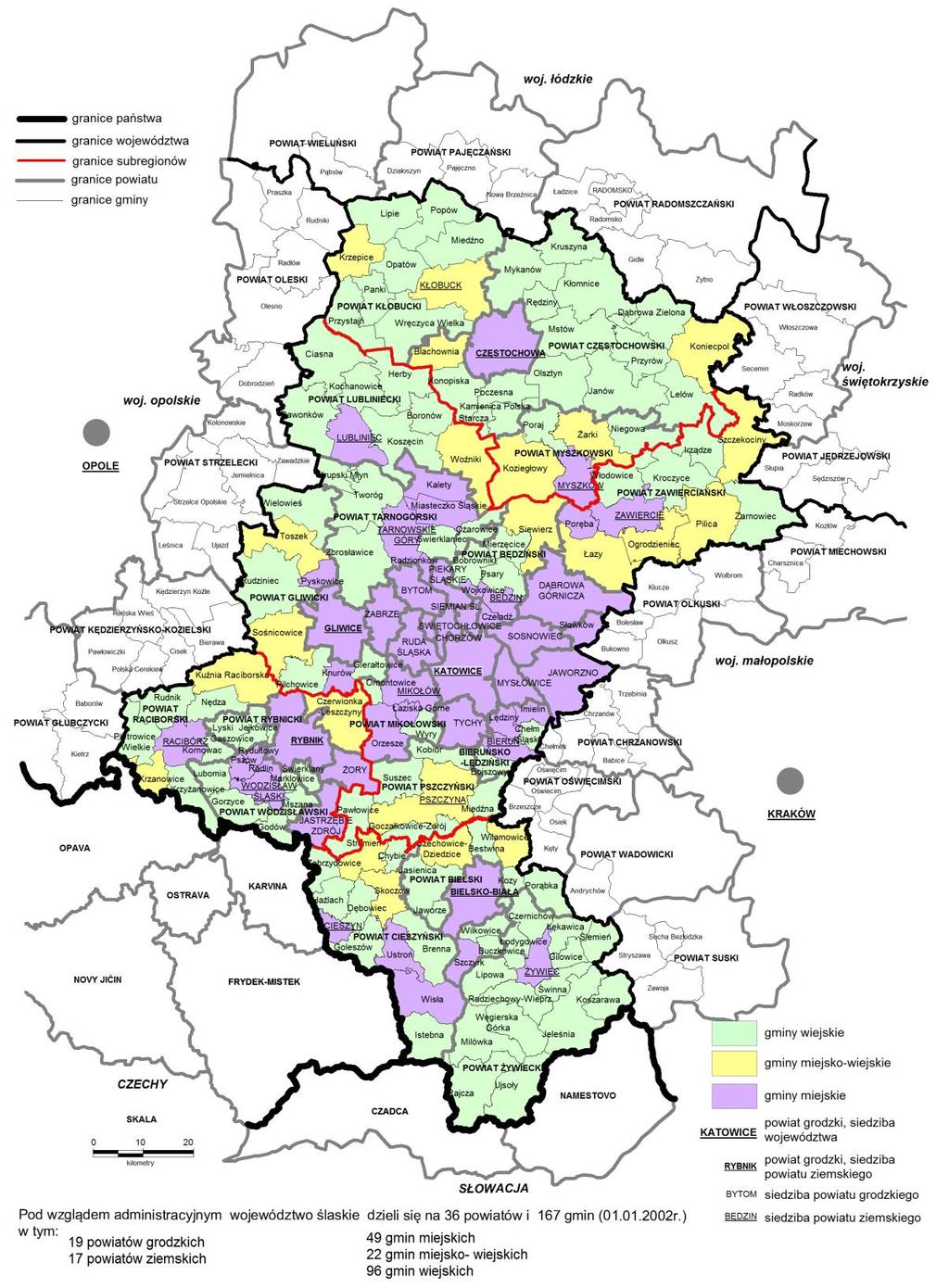 Mapa 2. Podział administracyjny województwa śląskiego. Źródło: Opracowanie własne.