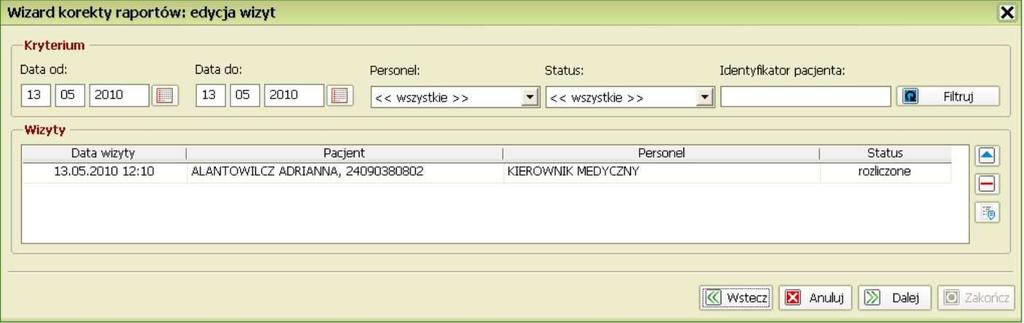 Pojawi się nowe okno z listą wizyt spełniających podane wcześniej kryteria.