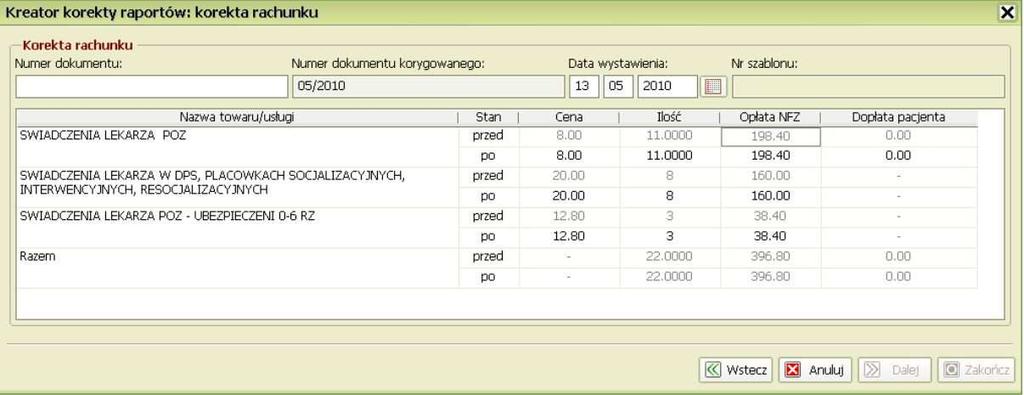 W polu numer dokumentu należy wpisać numer korekty a w polu data wystawienia określić datę korzystając z kalendarza.. Po wprowadzeniu zmian klikamy przycisk Dalej.