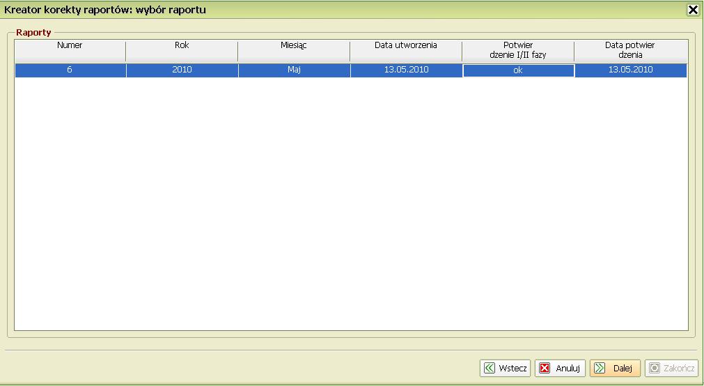 Po kliknięciu Dalej, pojawia się nowe okno z listą raportów określonego wcześniej typu, które zostały utworzone w zadanym okresie rozliczeniowym i na określonej umowie.