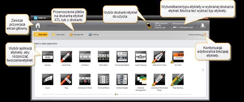 Przewodnik po ekranie głównym Przewodnik po oprogramowaniu DYMO ID Praca w oprogramowaniu DYMO ID odbywa się w trzech głównych obszarach: Ekran główny - tu można wybierać aplikację