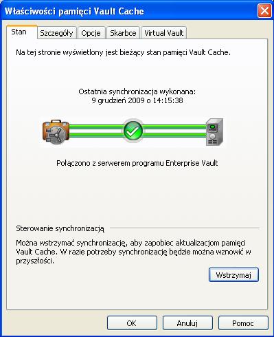 Zarządzanie archiwizacją w programie Enterprise Vault Synchronizowanie pamięci Vault Cache 39 Aby wstrzymać lub wznowić synchronizację: 1 Kliknij kartę Plik, a następnie kliknij pozycję Enterprise