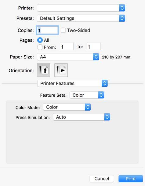 Drukowanie 7. Wybierz opcję Color w ustawieniu Zestawy funkcji, a następnie wybierz odpowiednią opcję dla ustawienia Color Mode. 8. Kliknij Drukuj.
