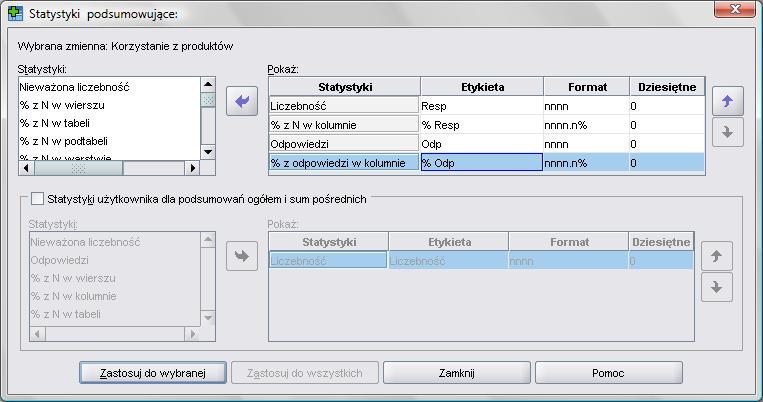 Dodatkowymi miarami są w tym przypadku: Odpowiedzi liczebność odpowiedzi, oraz szereg miar procentowych, wykorzystujących odpowiedzi jako bazę procentowania (np. % z odpowiedzi w kolumnie).