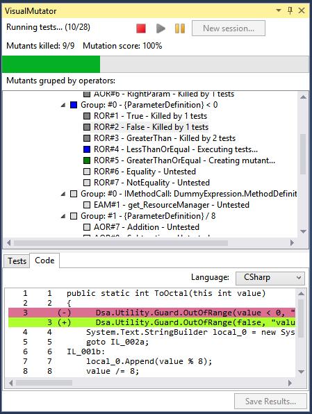 Fig. A.1. VisualMutator - mutated code view 2. In the left pane, deselect any code that is strictly test-related (unit tests, functional tests, test helper classes); 3.