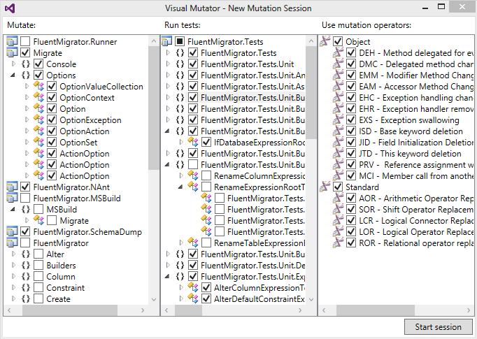 Fig. A.2. VisualMutator - session creation window In the left pane, only the specific method is selected; In the middle pane, only the tests invoking the method are selected.