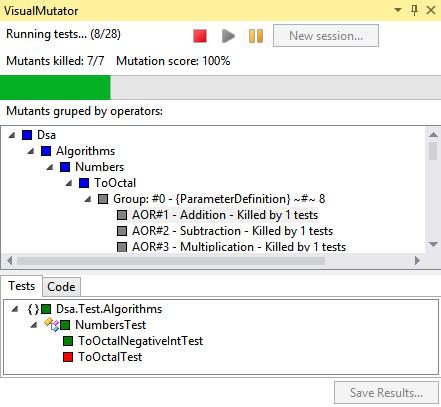 Current status of the session is visible in the upper-left corner of the VisualMutator window. The first step of a session is the pre-check, aiming to test unmodified assemblies.
