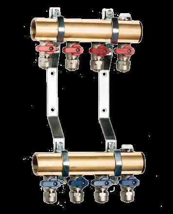 79 Rozdzielacz mosiężny do ogrzewania grzejnikowego typu Z Brass manifold for radiant heating type Z W skład rozdzielacza wchodzą: 2 belki mosiężne o rozstawie otworów co 50 mm 2 uchwyty mocujace 2