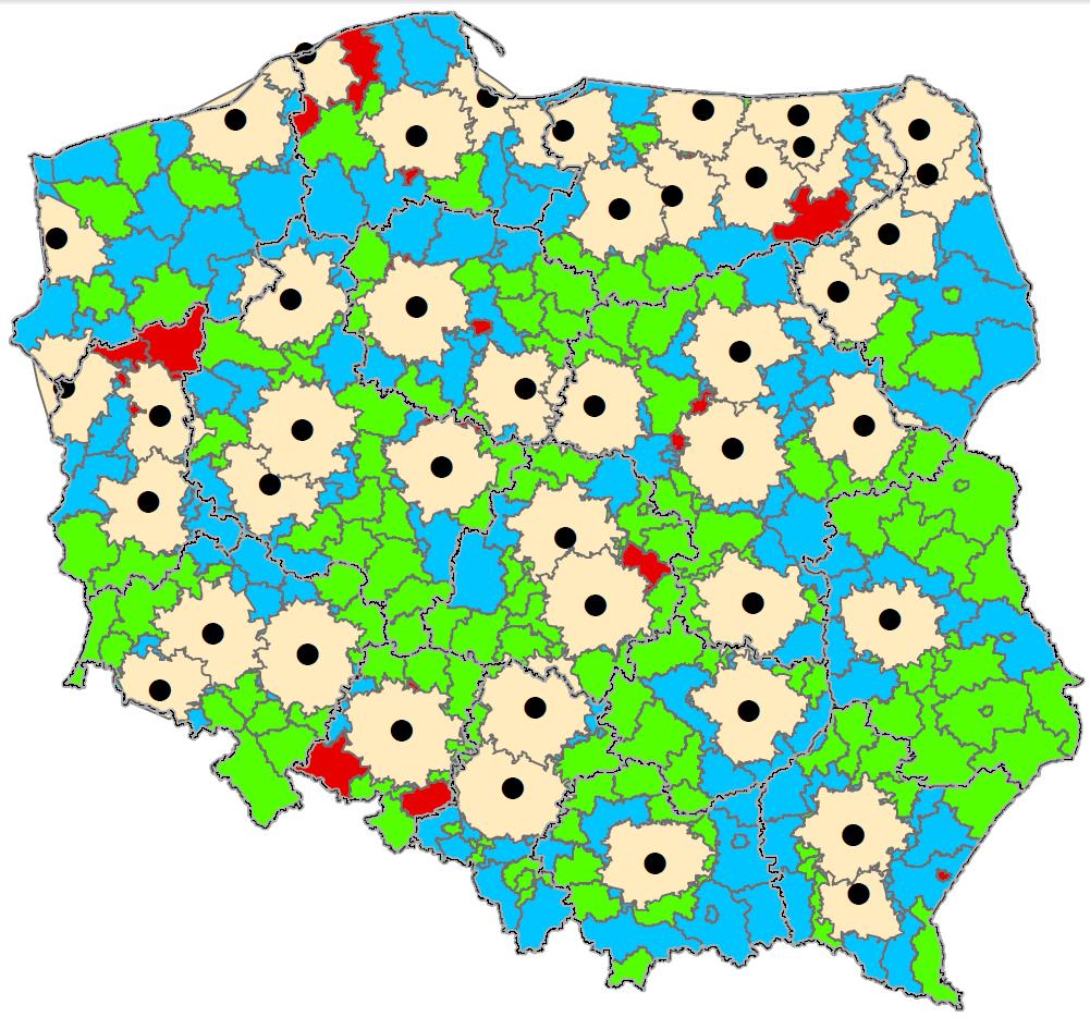 Krajowy Plan Sieci Jednostek Ratownictwa Specjalistycznego stopień zagrożenia powiatów w funkcji liczności SGR i ich czasów dojazdów