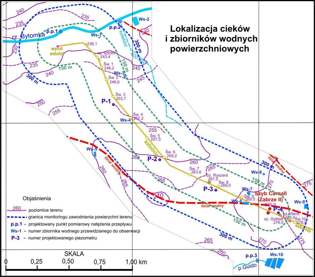 Wyniki monitoringu hydrogeologicznego 209 Rys. 1. Lokalizacja cieków i powierzchniowych zbiorników w otoczeniu sztolni [4] Fig. 1. Location of watercourses and surface water reservoirs near the adit [4] Piezometry P.