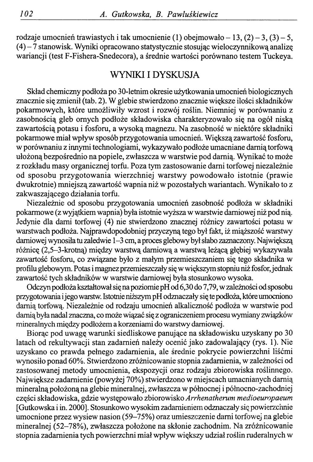 0 A. Gutkowska, В. Pawluśkiewicz rodzaje umocnień trawiastych i tak umocnienie () obejmowało - 3, () - 3, (3) - 5, (4) - 7 stanowisk.
