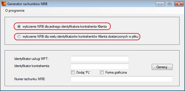 Instrukcja obsługi Generatora rachunków MPT - oprogramowania generującego numery rachunków wirtualnych wykorzystywanych w procesie realizacji Usługi Masowego Przetwarzania Transakcji W celu