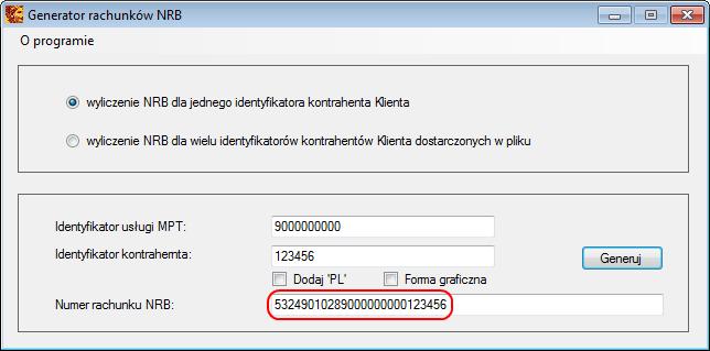 1.0. Wyliczenie numeru rachunku dla pojedynczego Identyfikatora kontrahenta Klienta W celu ustalenia pojedynczego Wirtualnego Numeru Rachunku, bezpośrednio w aplikacji należy wprowadzić w odpowiednim
