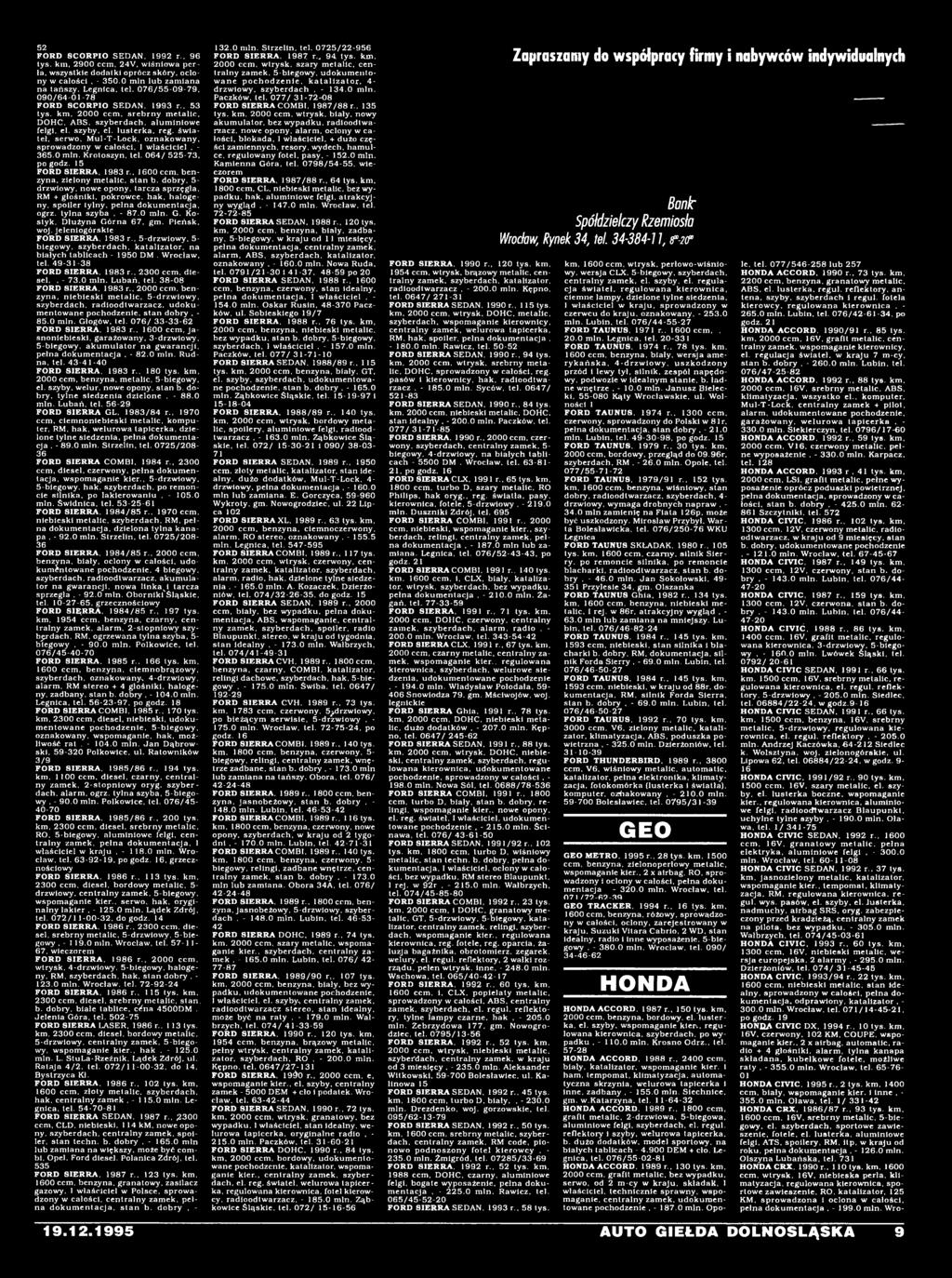 jeleniogórskie FORD SIERRA. 1983 r.. 5-drzwiowy, 5- biegowy. szyberdach. katalizator, na białych tablicach - 1950 DM. Wrocław, tel. 49-31-38 FORD SIERRA. 1983 r.. 2300 ccm. diesel,, - 73.0 min.