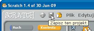 Rysunek.. Przycisk Zapisz ten projekt W obu przypadkach otworzysz okno pokazane na rysunku 8.13. Odszukaj w tym oknie swój katalog i utwórz nowy podkatalog o nazwie Projekty_SCRATCH.