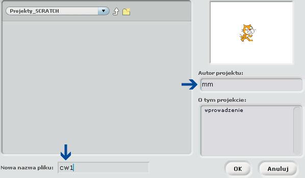 . Okno Zapisz projekt program Scratch Nad oknem roboczym widnieją cztery przyciski są to narzędzia modyfikacji duszka (rysunek 8.15).