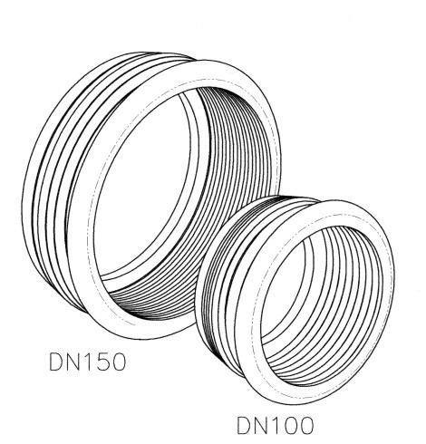 Uszczelki do ścianek grubszych niż 10 mm DN100: w zbiorniku należy wywiercić otwór Ø 121 mm DN150: w zbiorniku należy wywiercić otwór Ø 177mm Uszczelka DN100 nr. art.
