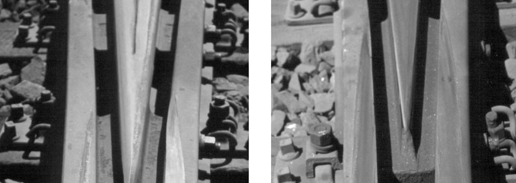 Rys. 17. KrzyŜownica z wymiarem f = 1388,4 mm; prawdopodobna wartość zaczepienia koła wynosi 3,6 mm, zupełny brak śladów współpracy końca dzioba z kołem na długości ok.