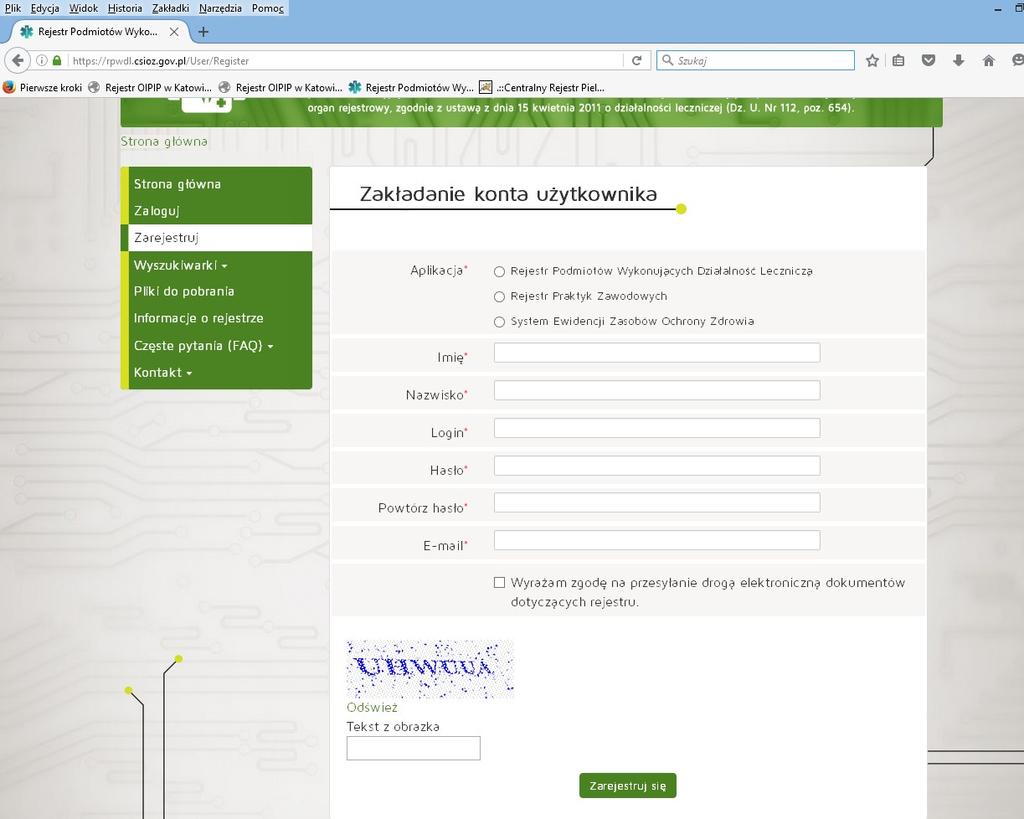 I. Jak założyć konto użytkownika na stronie RPWDL: Po wejściu na stronę www.rpwdl.csioz.gov.pl szukamy w lewym panelu Zarejestruj, a następnie wybieramy aplikację Rejestr praktyk zawodowych. 1.
