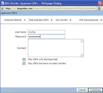 4) Następuje wyświetlenie okna Approve CRFs (Zatwierdzanie kart CRF), w którym badacz (lub osoba