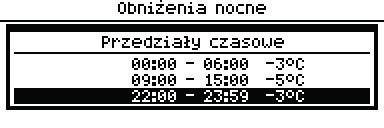 Rys. 11 Przykład definiowania przedziałów czasowych. W przedstawionym przykładzie od godziny 00:00 do godziny 06:00 regulator ustawi obniżenie temperatury zadanej kotła o wartość 3 C.