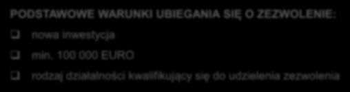 Zachęty inwestycyjne Procedura ubiegania się o zezwolenie na prowadzenie działalności gospodarczej w strefie PODSTAWOWE WARUNKI UBIEGANIA SIĘ O ZEZWOLENIE: nowa inwestycja min.