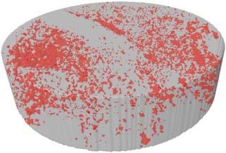 Ryc. 11. Obrazy 3D próbki C betonu uzyskane za pomocą micro-ct: a) obraz bryły próbki pomniejszony o przestrzeń porową, b) obszar wydzielonej części porowej Fig. 11. 3D images of concrete sample C obtained with micro-ct: a) mage of the sample solid reduced by pore space, b) isolated pore space Ryc.