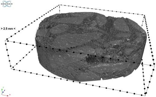 3D images of concrete sample D obtained with micro-ct: a) mage of the sample solid reduced by pore space, b) isolated pore space Zastosowano jednostkowy krok obrotu próbki równy 0,15.