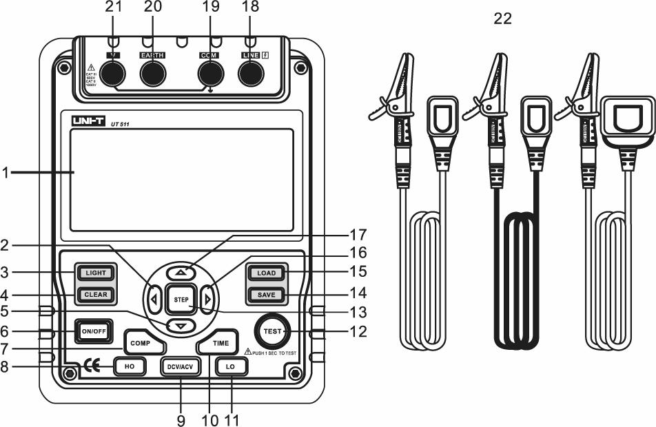Rys. 1 Budowa miernika od przodu Tabela 4. Wykaz urządzeń miernika (front) 1 Wyświetlacz LCD. 12 Przycisk testowanie. 2 Przycisk przewijanie. 13 Przycisk przełącznik kroku.